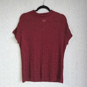 Vtg 90s LIA Top M Sheer Burgundy Mock Neck Popcorn Short Sleeve Retro Whimsygoth